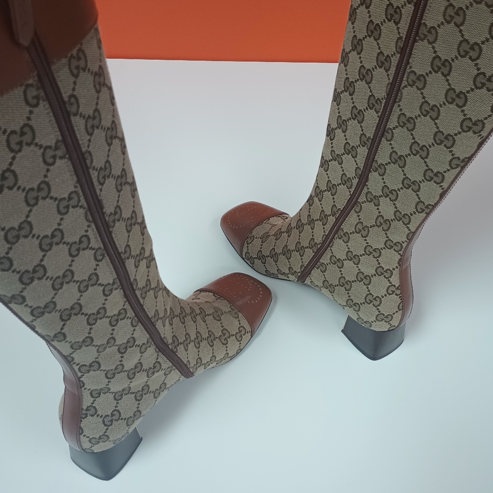 GUCCI Monogram Cordovan Lux GG Knee High Boots 36 Beige Cuir - Picture 5 of 12